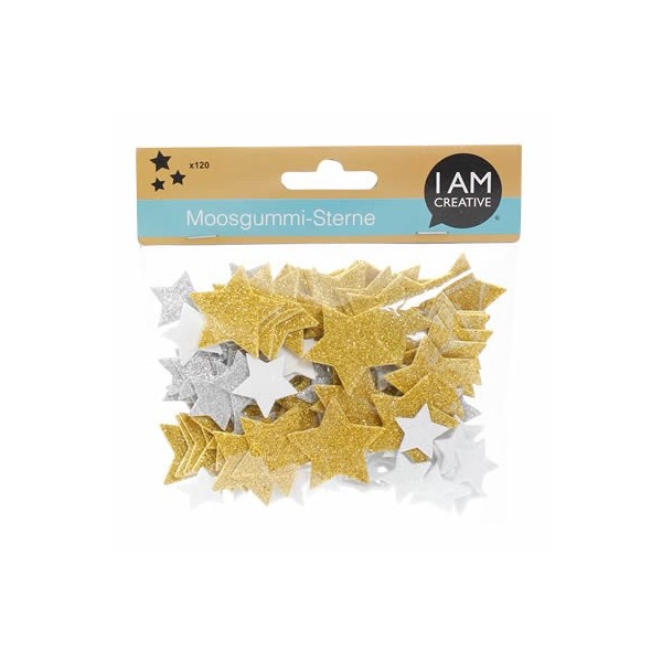 Estrellas de goma eva glitter, oro/plata/blanco, 120 pz