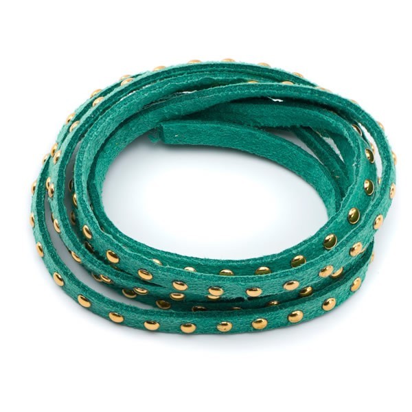 Suede lace with gold rivets, 5mm/1m, emerald