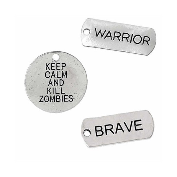 Pendentifs plaquettes Brave, Warrior, Keep Calm, 10 pcs